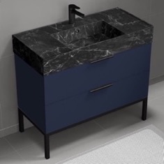 Modern Bathroom Vanity, Blue, 40 inch, Black Marble Style Sink, Free Standing